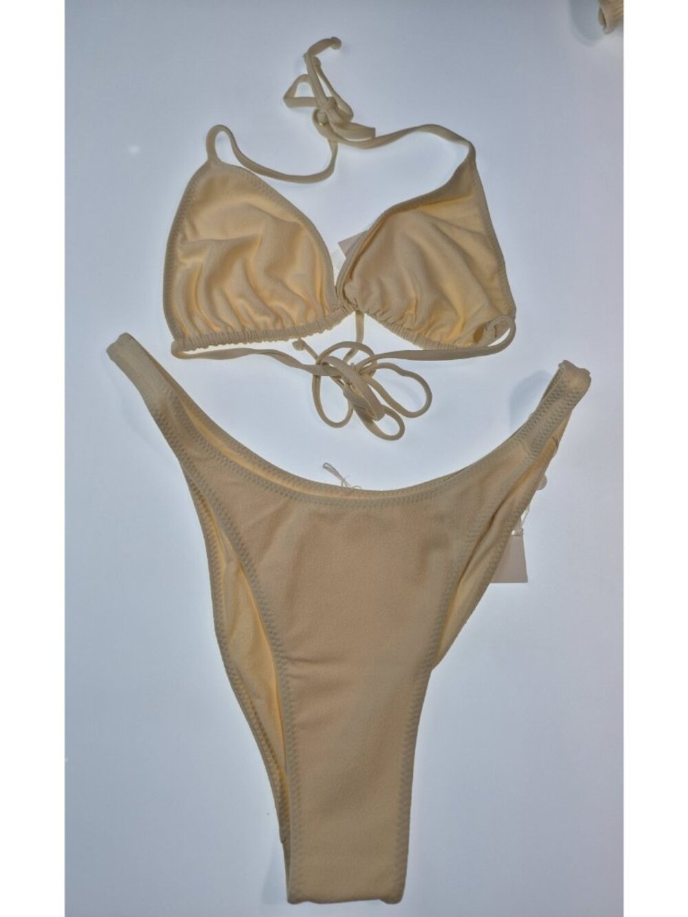 "SAME Los Angeles Faux Suede Bikini Set Beige Cream Triangle Top XLarge NWT"